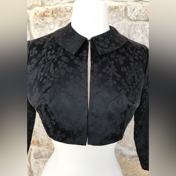 Vintage 50s Black Floral Brocade Dress Set with Kitten Bow Waist Audrey Hepburn - Picture 12 of 16